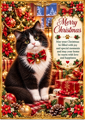 Christmas Tree Cat  A4 Portrait Christmas Card Topper