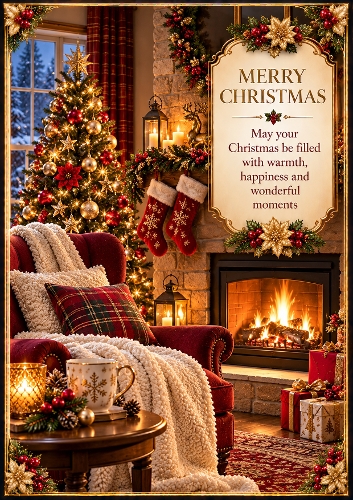 Christmas by the Fireplace A4 Portrait Christmas Card Topper