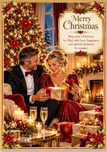 Couple Opening Gifts A4 Portrait Christmas Card Topper