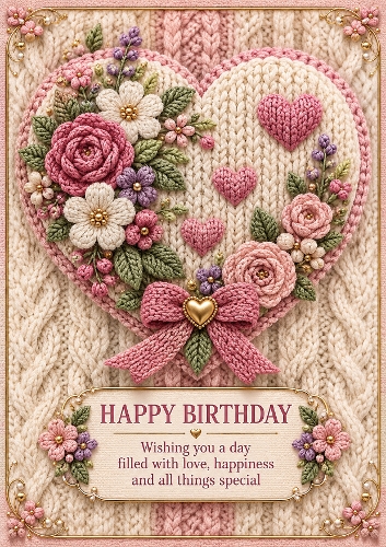  Knitted Floral Heart A4 Portrait Birthday Card Topper