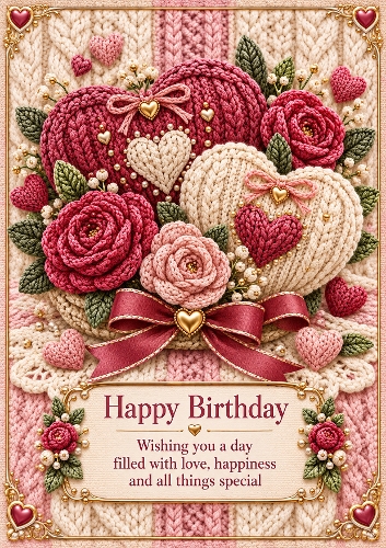  Knitted Hearts & Roses A4 Portrait Birthday Card Topper