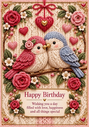 Knitted Lovebirds A4 Portrait Birthday Card Topper
