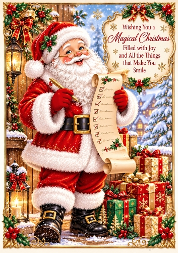 Santa Checking His List A4 Portrait Christmas Card Topper