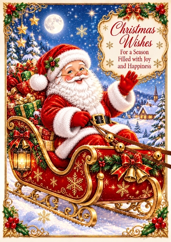Santa In His Sleigh A4 Portrait Christmas Card Topper