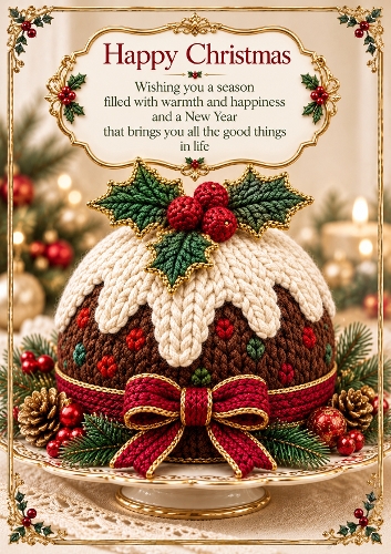 Knitted Christmas Pudding A4 Portrait Christmas Card Topper