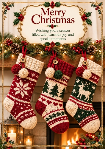 Knitted Christmas Stockings A4 Portrait Christmas Card Topper