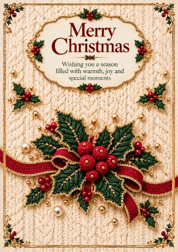Knitted Holly & Berries A4 Portrait Christmas Card Topper