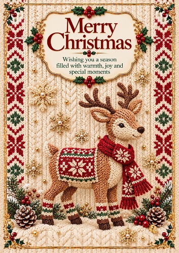 Knitted Reindeer A4 Portrait Christmas Card Topper