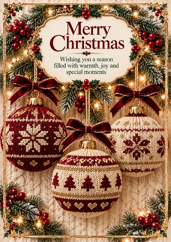 Knitted Christmas Baubles A4 Portrait Christmas Card Topper