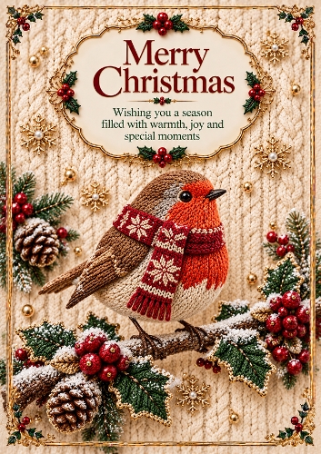 Knitted Winter Robin A4 Portrait Christmas Card Topper