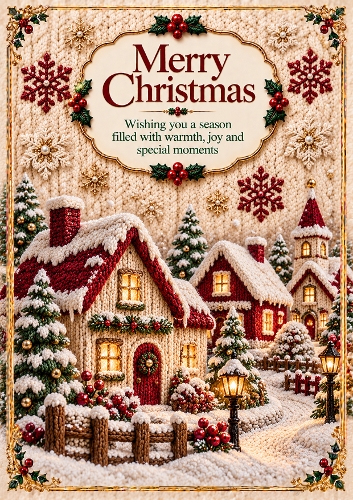 Knitted Winter Village A4 Portrait Christmas Card Topper