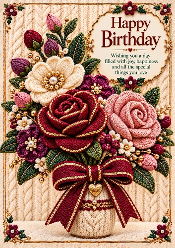 Knitted Birthday Flowers A4 Portrait Christmas Card Topper