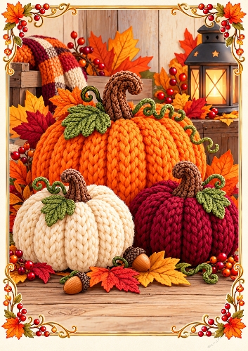 Knitted Pumpkin Trio A4 Portrait Halloween Card Topper