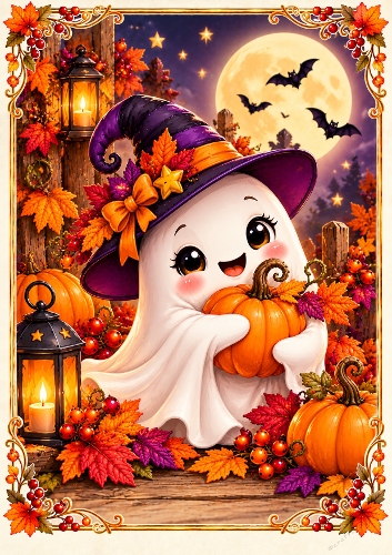 Ghost with Pumpkin A4 Portrait Halloween Card Topper