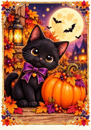 Black Cat & Pumpkin A4 Portrait Halloween Card Topper
