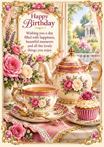 Elegant Tea Lady A4 Portrait Birthday Card Topper