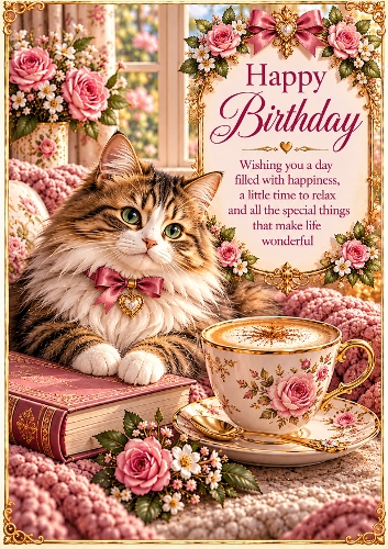 Cosy Cat & Coffee A4 Portrait Birthday Card Topper