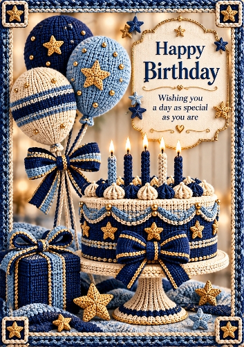 Knitted Birthday Blue A4 Portrait Birthday Card Topper