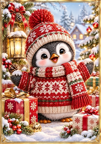 Penguin in a Knitted Christmas Jumper A4 Portrait Christmas Card Topper