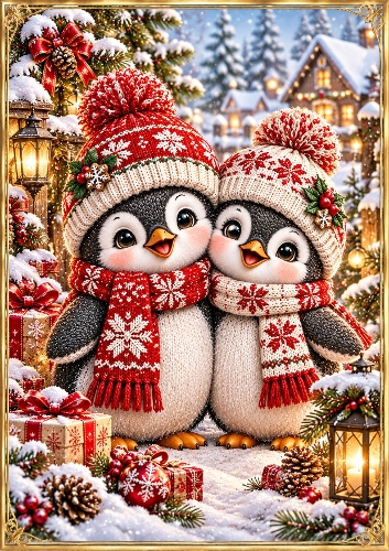 Knitted Penguin Couple A4 Portrait Christmas Card Topper