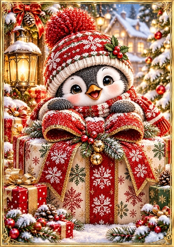 Knitted Penguin With Gift A4 Portrait Christmas Card Topper