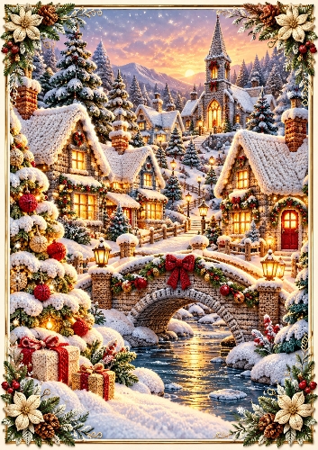 Knitted Christmas Village A4 Portrait Christmas Card Topper