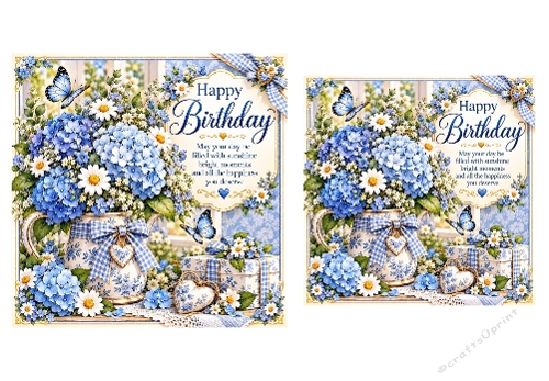 2 X Blue Floral Birthday - Birthday Card Toppers 6 X 6 and 5 X 5 inch