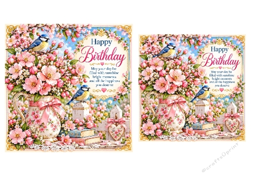 2 X Cherry Blossom Garden - Birthday Card Toppers 6 X 6 and 5 X 5 inch