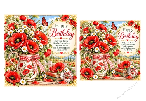 2 X Poppy Field Birthday - Birthday Card Toppers 6 X 6 and 5 X 5 inch