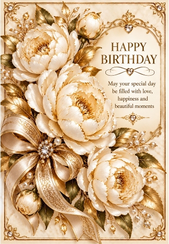 Golden Peonies  - A4 Portrait Birthday Card Topper