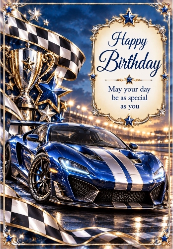 Royal Blue Racing Car - A4 Portrait Birthday Card Topper