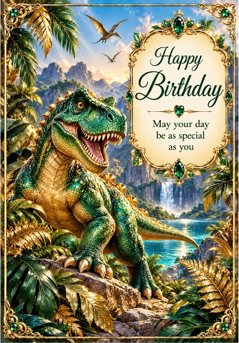 Golden Dinosaur Kingdom - A4 Portrait Birthday Card Topper