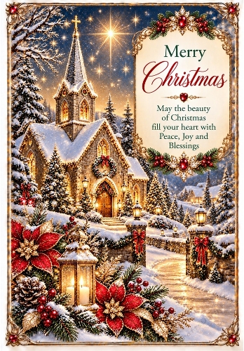 Snowy Church At Christmas - A4 Portrait Christmas Card Topper