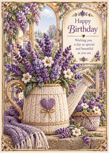 Knitted Lavender Garden - Birthday Card Topper 5x7 Inch