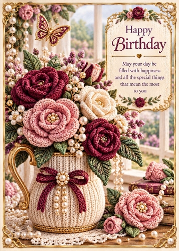   Knitted Roses and Pearls - Birthday Card Topper 5x7 Inch