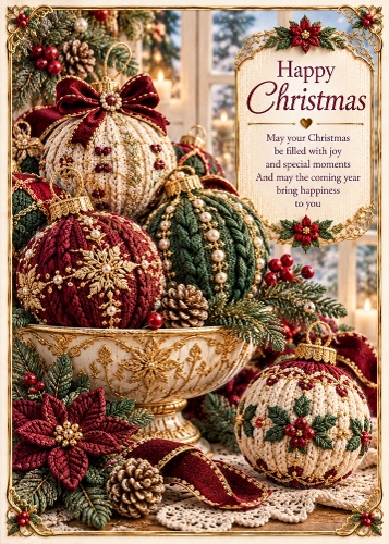 Luxury Knitted Christmas Baubles - Christmas Card Topper 5x7 Inch