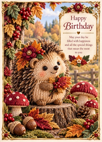 Knitted Woodland Hedgehog - Birthday Card Topper 5x7 Inch
