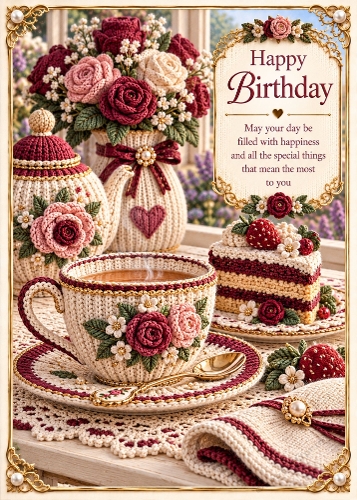 Knitted Teacup and Cake - Birthday Card Topper 5x7 Inch