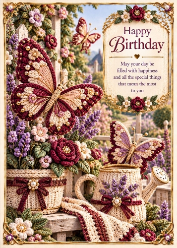 Knitted Butterfly Garden - Birthday Card Topper 5x7 Inch