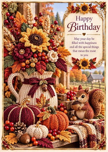 Knitted Autumn Harvest - Birthday Card Topper 5x7 Inch