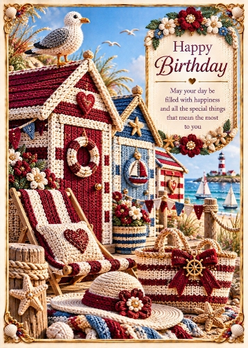 Knitted Coastal Beach Huts - Birthday Card Topper 5x7 Inch