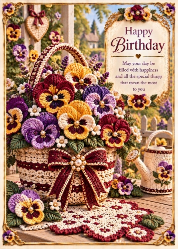Knitted Pansies in a Basket - Birthday Card Topper 5x7 Inch