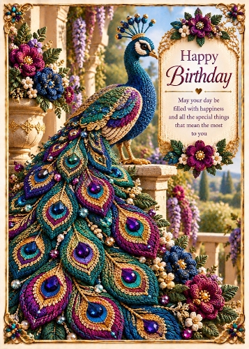 Knitted Peacock in Jewel Colours - Birthday Card Topper 5x7 Inch