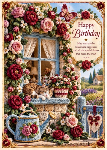  Knitted Cottage Window with Roses - Birthday Card Topper 5x7 Inch