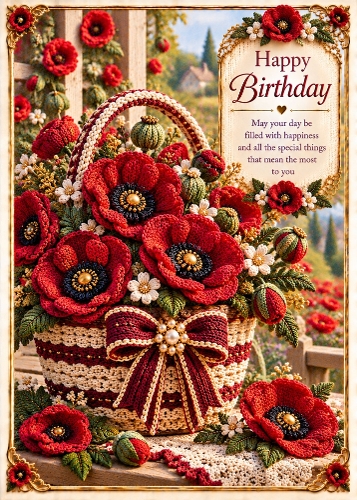 Knitted Poppies in a Basket - Birthday Card Topper 5x7 Inch