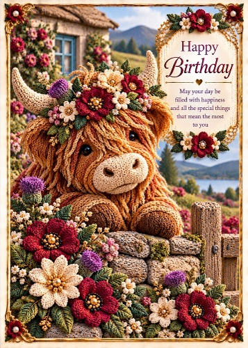 Knitted Highland Cow with Flowers - Birthday Card Topper 5x7 Inch