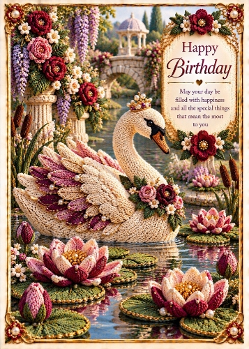  Knitted Swan on a Lily Pond - Birthday Card Topper 5x7 Inch