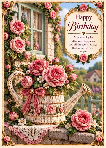 Knitted Pink Rose Garden - Birthday Card Topper 5x7 Inch