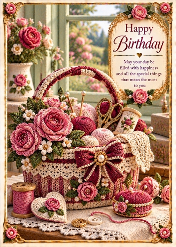 Knitted Vintage Sewing Basket - Birthday Card Topper 5x7 Inch