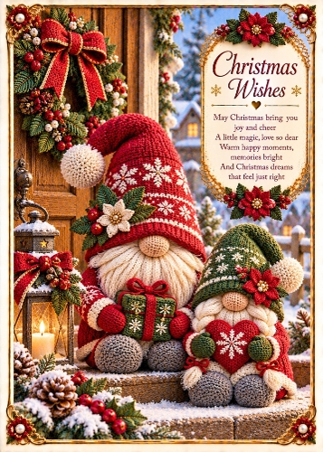 Knitted Christmas Gnomes - Birthday Card Topper 5x7 Inch